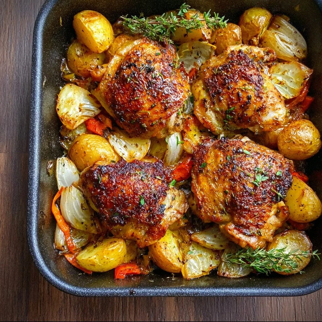 One Pan Roasted Chicken Thighs dish with herbs and vegetables