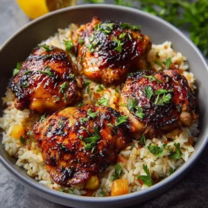 One pot lemon chicken thighs and rice dish ready to serve