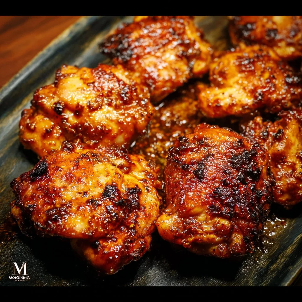 Oven baked skinless chicken thighs garnished with herbs and spices
