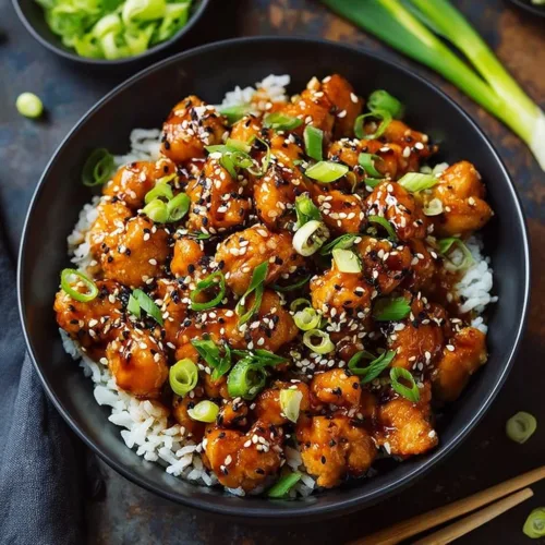 Delicious plate of sesame ground chicken with vegetables and rice