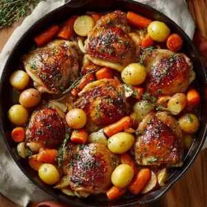 Sheet pan chicken thighs with vegetables cooked to golden perfection.
