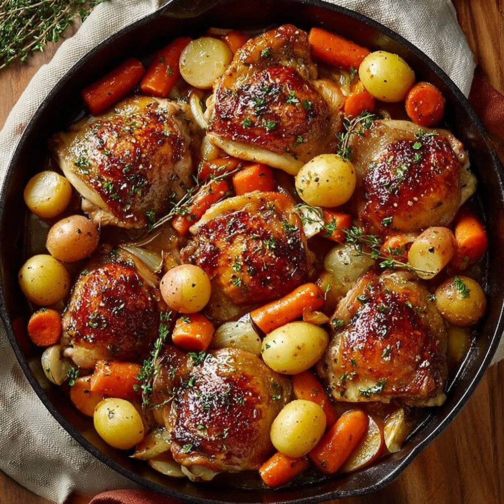 Sheet pan chicken thighs with vegetables cooked to golden perfection.