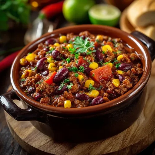 Delicious Slow Cooker Cowboy Casserole served in a rustic bowl