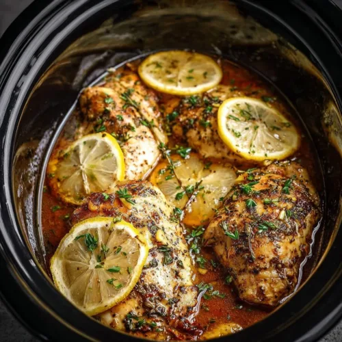 Slow Cooker Lemon Garlic Chicken dish garnished with fresh herbs
