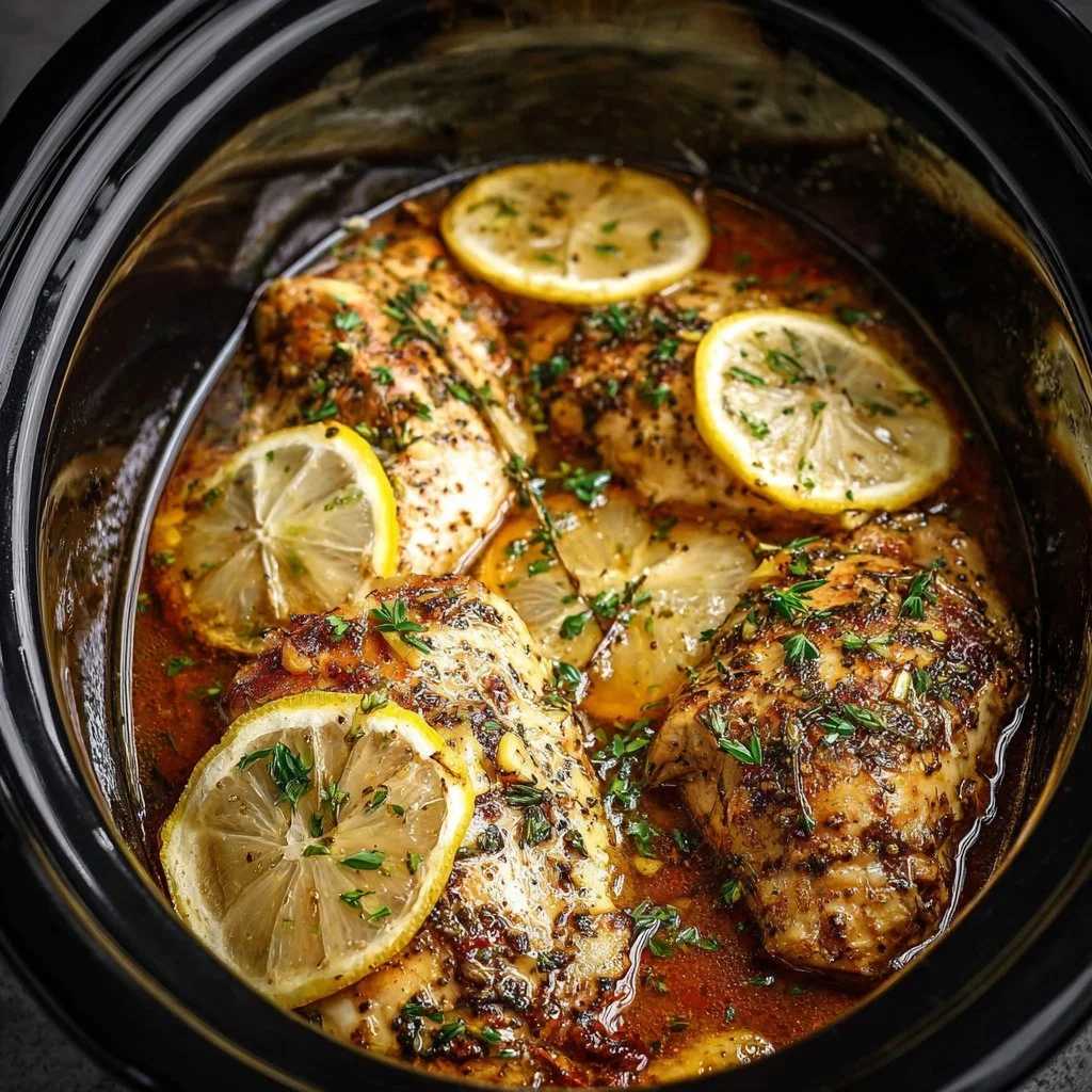 Slow Cooker Lemon Garlic Chicken dish garnished with fresh herbs