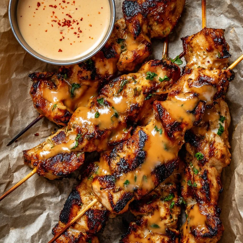 Grilled Bang Bang Chicken Skewers served on a platter with dipping sauce