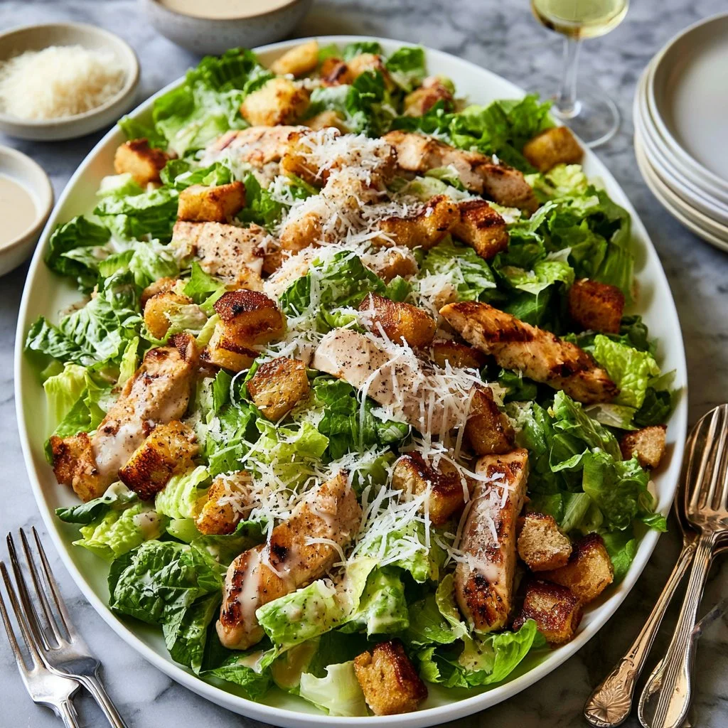 Delicious Chicken Caesar Salad with grilled chicken, romaine lettuce, and Caesar dressing