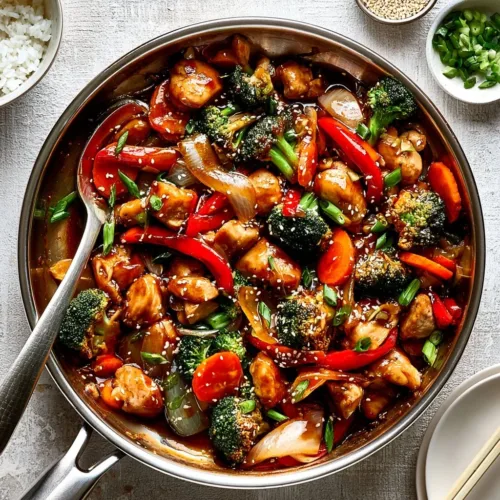 Delicious chicken stir-fry with colorful vegetables served in a bowl.