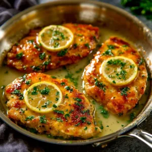Delicious Chicken Francese served with a lemon-white wine sauce and fresh herbs