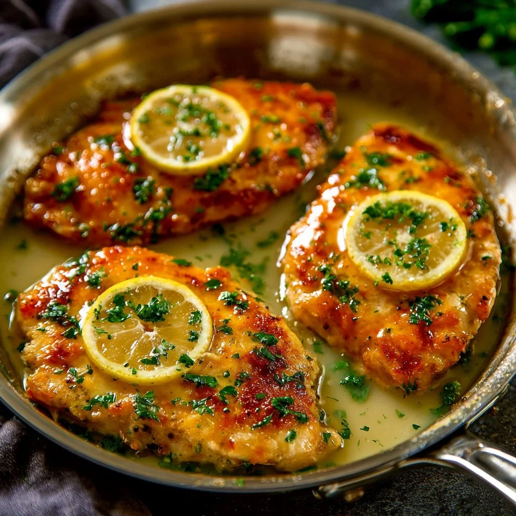 Delicious Chicken Francese served with a lemon-white wine sauce and fresh herbs
