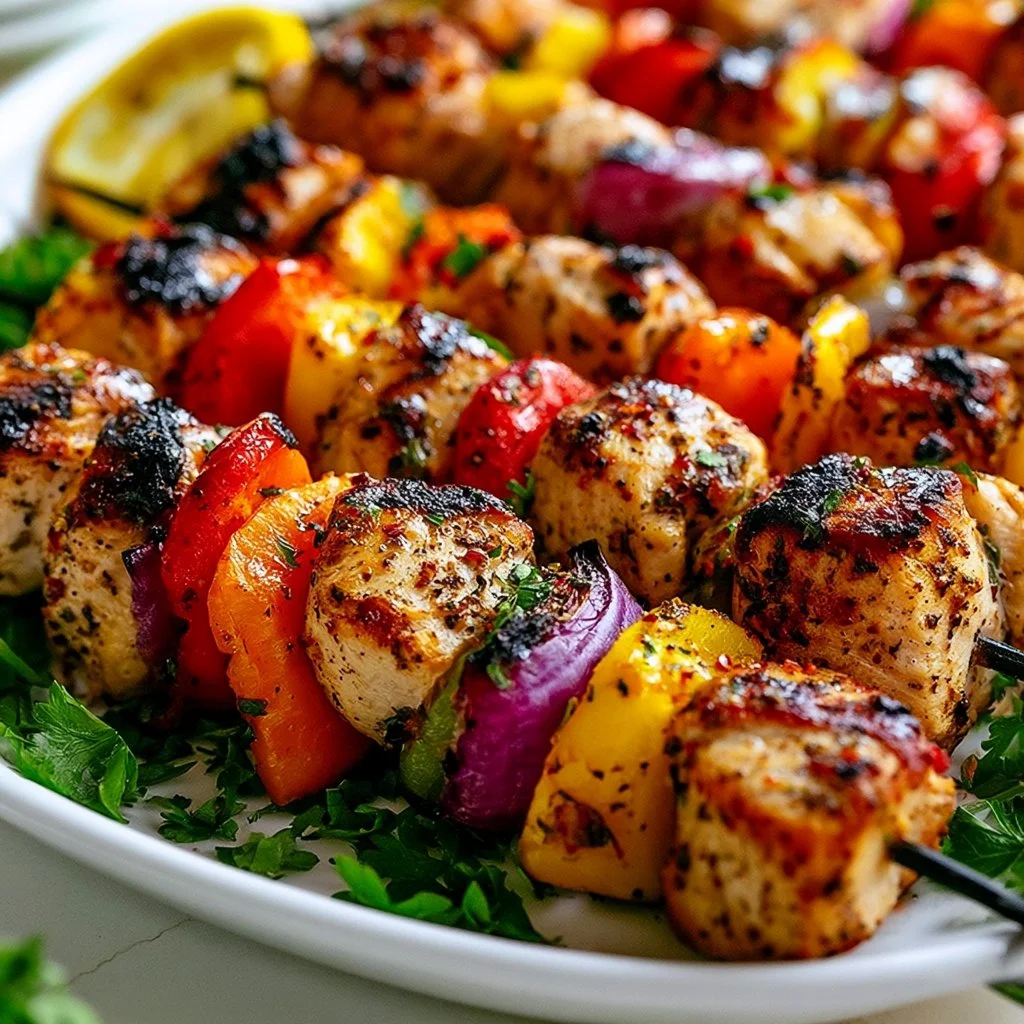 Grilled Chicken Kabobs on skewers with colorful vegetables