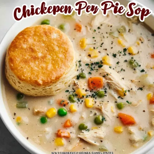 A hearty bowl of Chicken Pot Pie Soup with vegetables and chicken