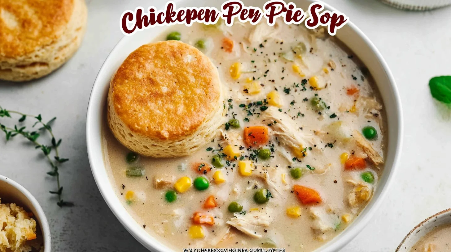 A hearty bowl of Chicken Pot Pie Soup with vegetables and chicken