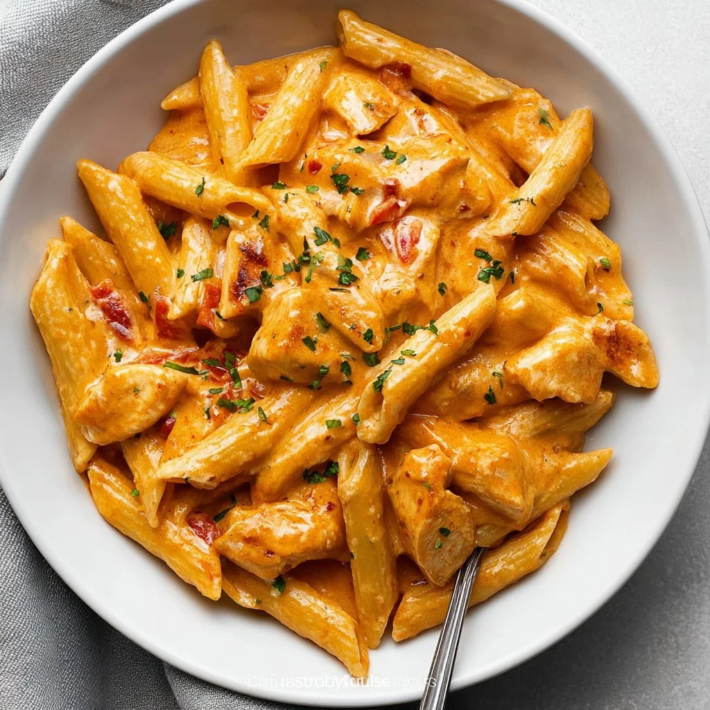 Creamy Boursin chicken pasta served in a bowl with herbs on top.
