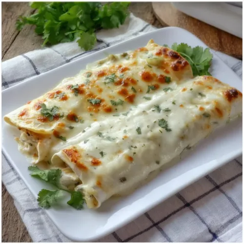 Creamy white chicken enchiladas topped with cheese and green onions on a plate