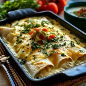 Plate of creamy white chicken enchiladas with cheese and cilantro garnish.
