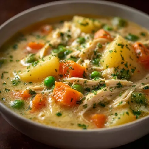 Bowl of high protein chicken pot pie soup with vegetables
