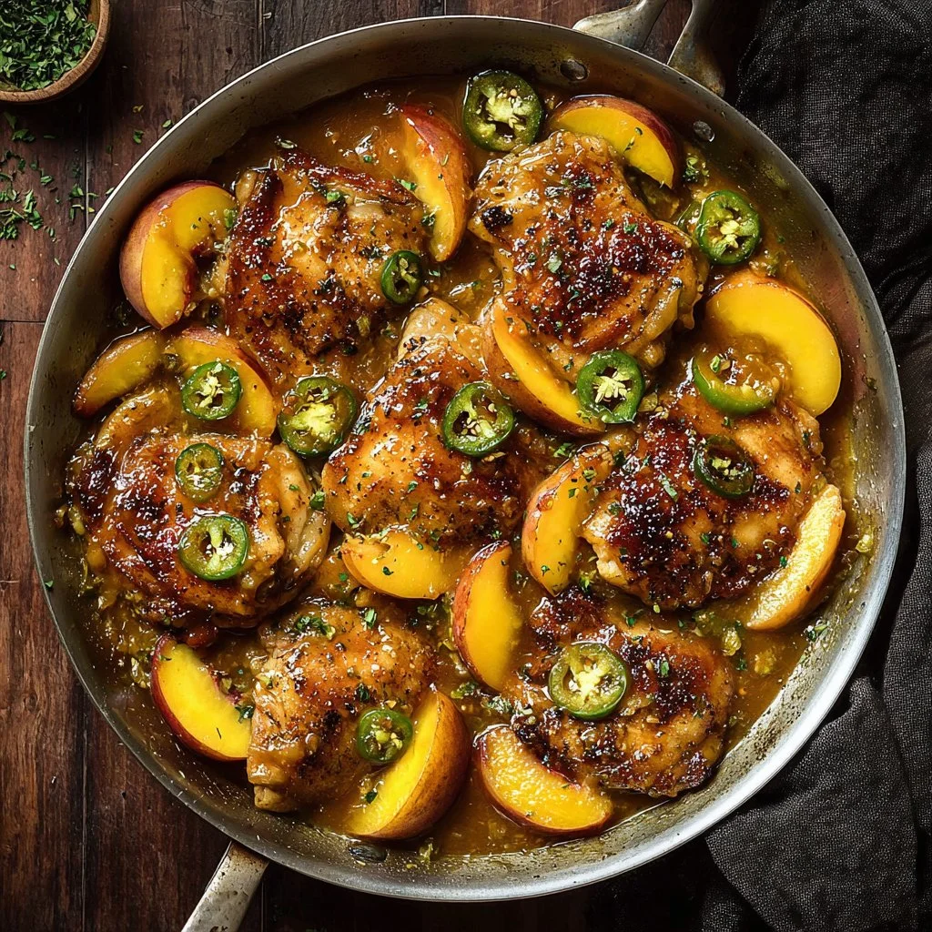 Delicious jalapeno peach chicken dish garnished with fresh herbs