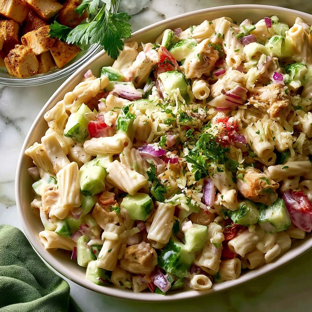 Balsamic chicken pasta salad with colorful vegetables and herbs
