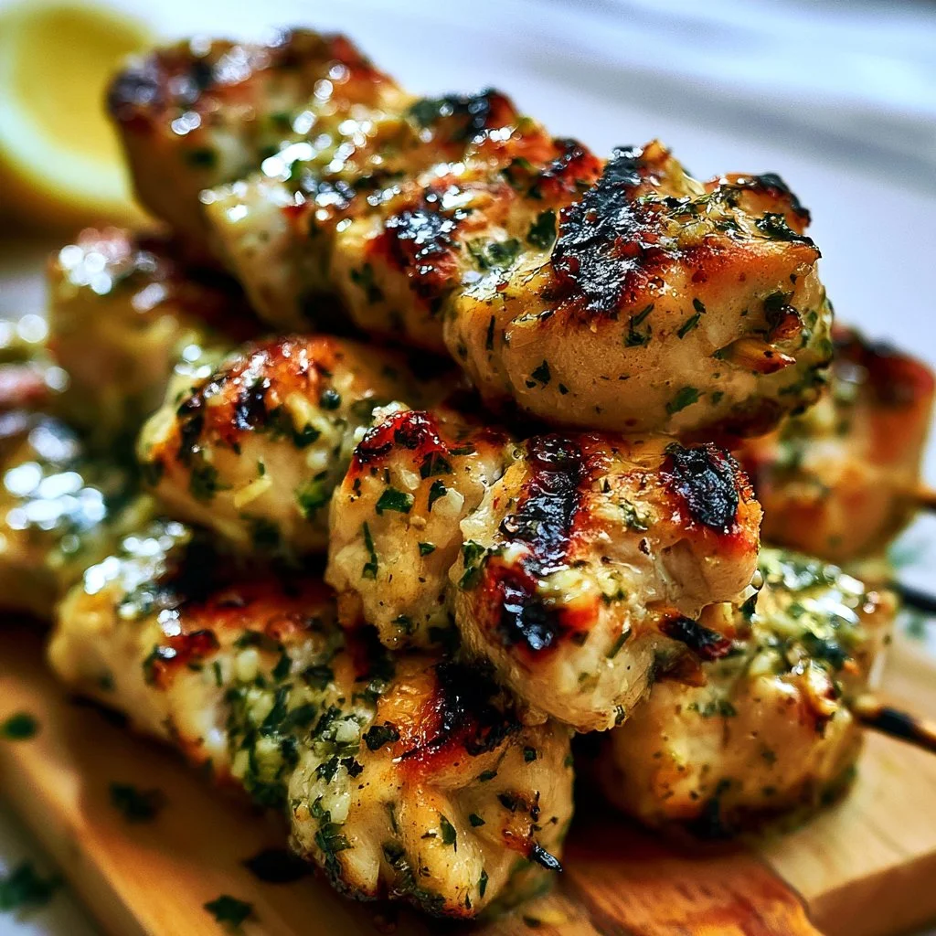 Savory garlic parmesan chicken skewers on a serving platter