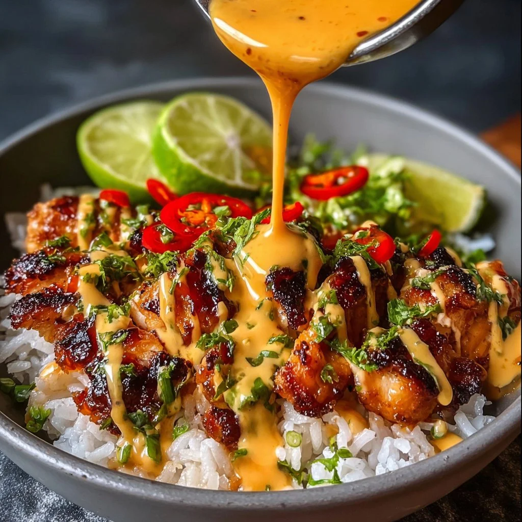 Delicious Sweet Chili Chicken Bowl served with veggies and rice