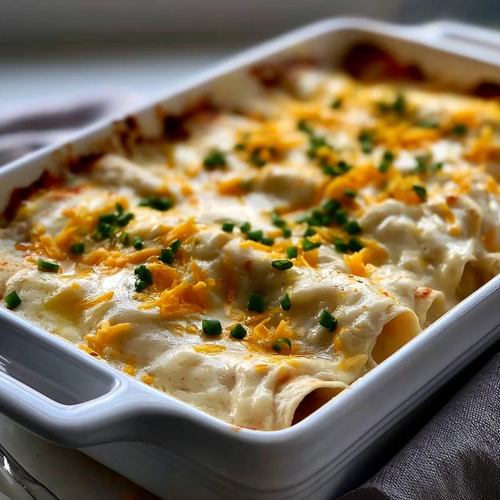 Delicious white chicken enchiladas topped with creamy sauce and cheese.