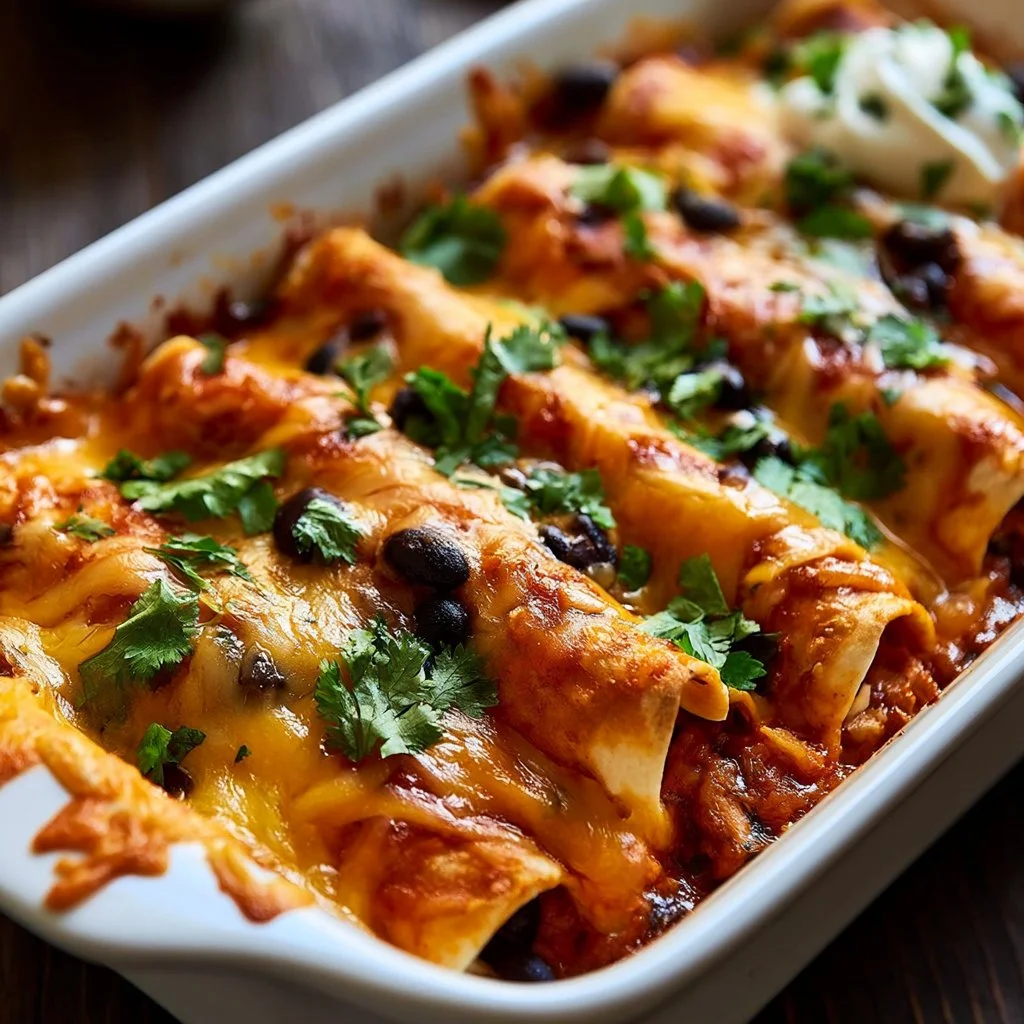 Delicious quick and easy chicken enchiladas topped with cheese and salsa